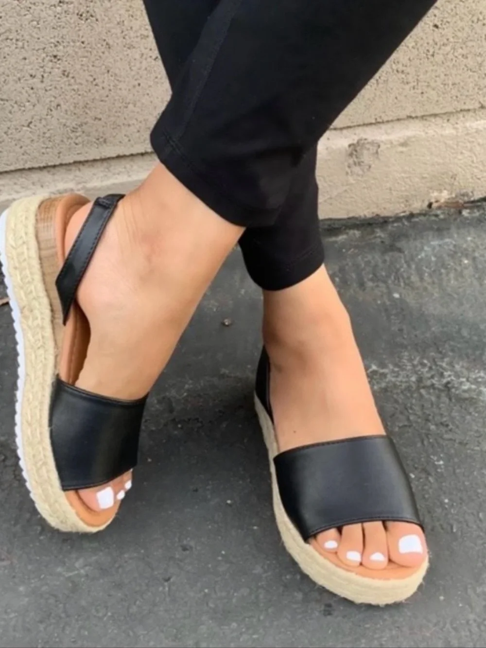 Wild Diva Black Espadrille Platform Slide Sandals